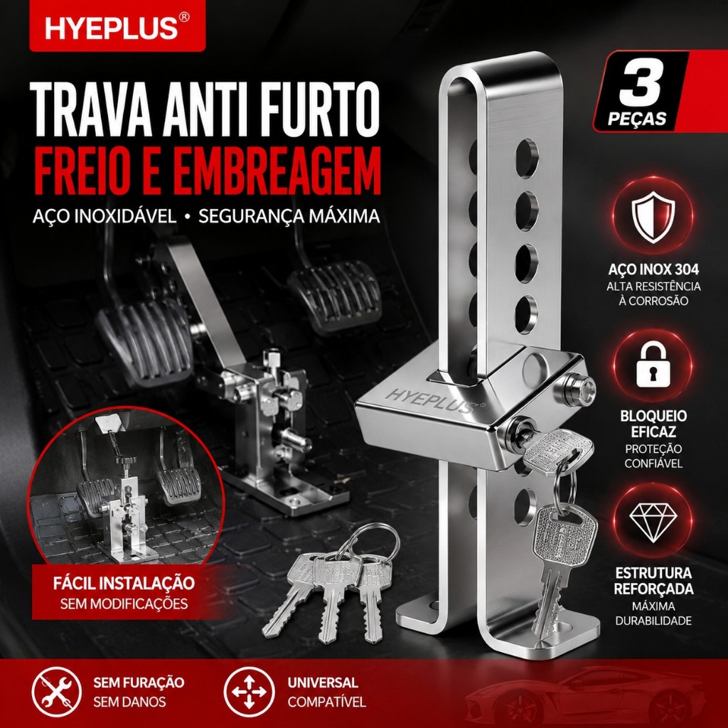 Trava Anti Furto Pedal Carro E Caminhão Segurança Em Aço Reforçado Universal Tranca Freio Embreagem