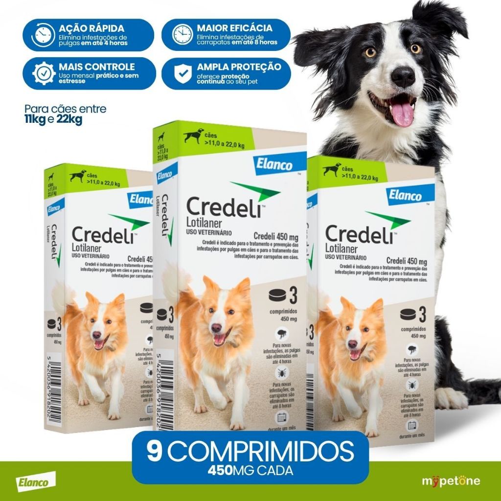 Kit 3 Antipulgas e Carrapatos Elanco Credeli para Cães de 11 a 22 Kg 450 mg - 3 Comprimidos
