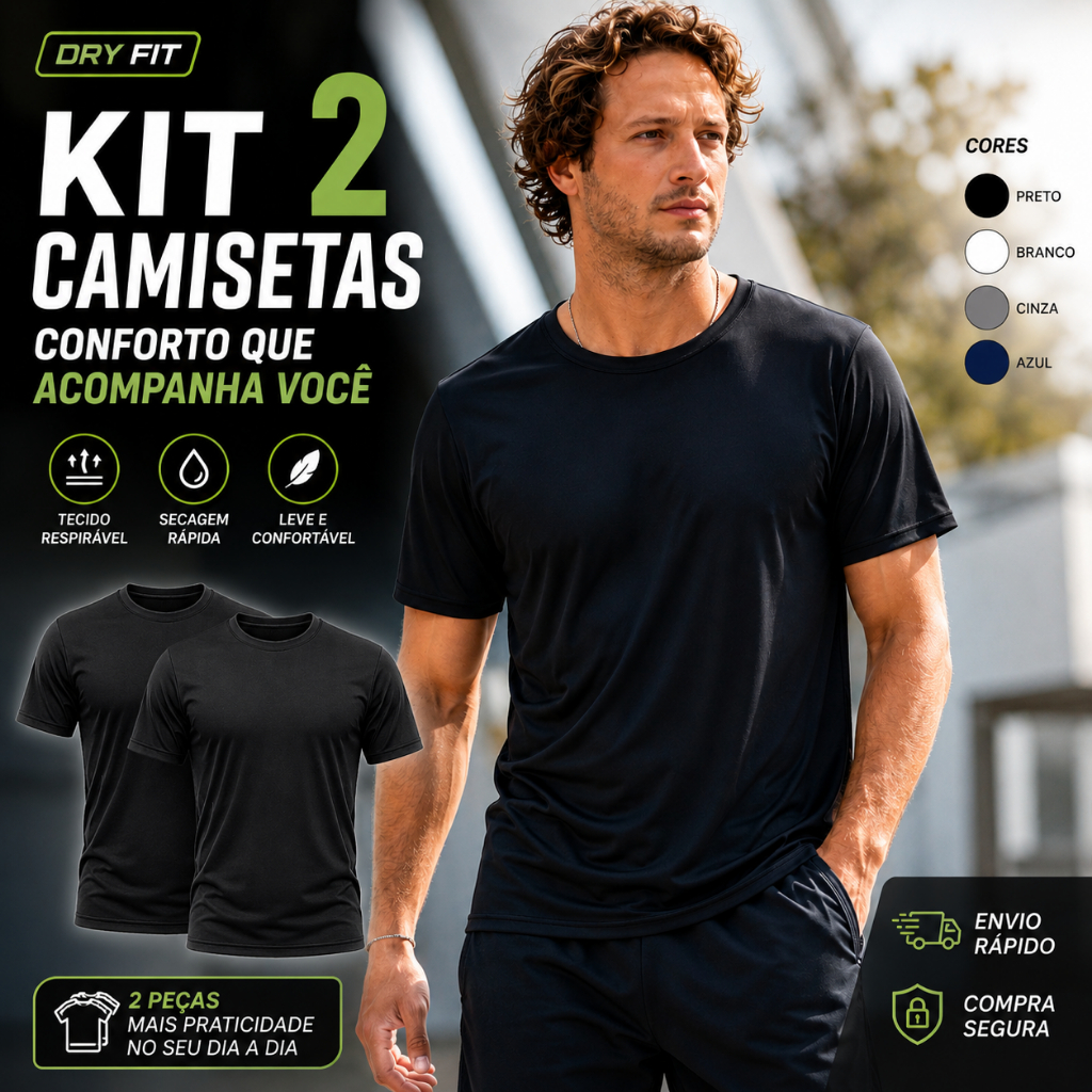 Kit 2 Camisetas Masculinas Dry Fit Poliéster Manga Curta Leve Respirável Academia P ao GG