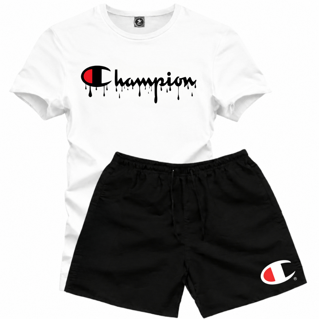Conjunto Masculino Champion Camiseta + Short Tactel Premium Academia Casual Fitness