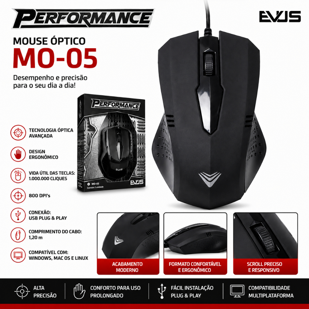 Mouse Gamer Com Fio USB Evus MO-05 Performance Preto Sem Led