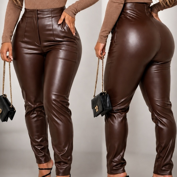 Calça Feminina Couro Sintético Cintura Alta Skinny Modeladora Social Inverno Moda Feminina