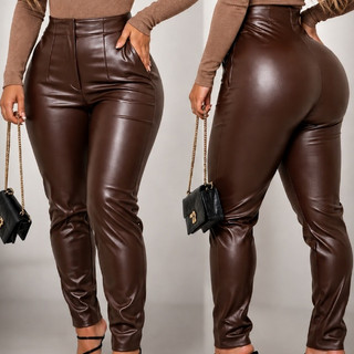 Calça Feminina Couro Sintético Cintura Alta Skinny Modeladora Social Inverno Moda Feminina