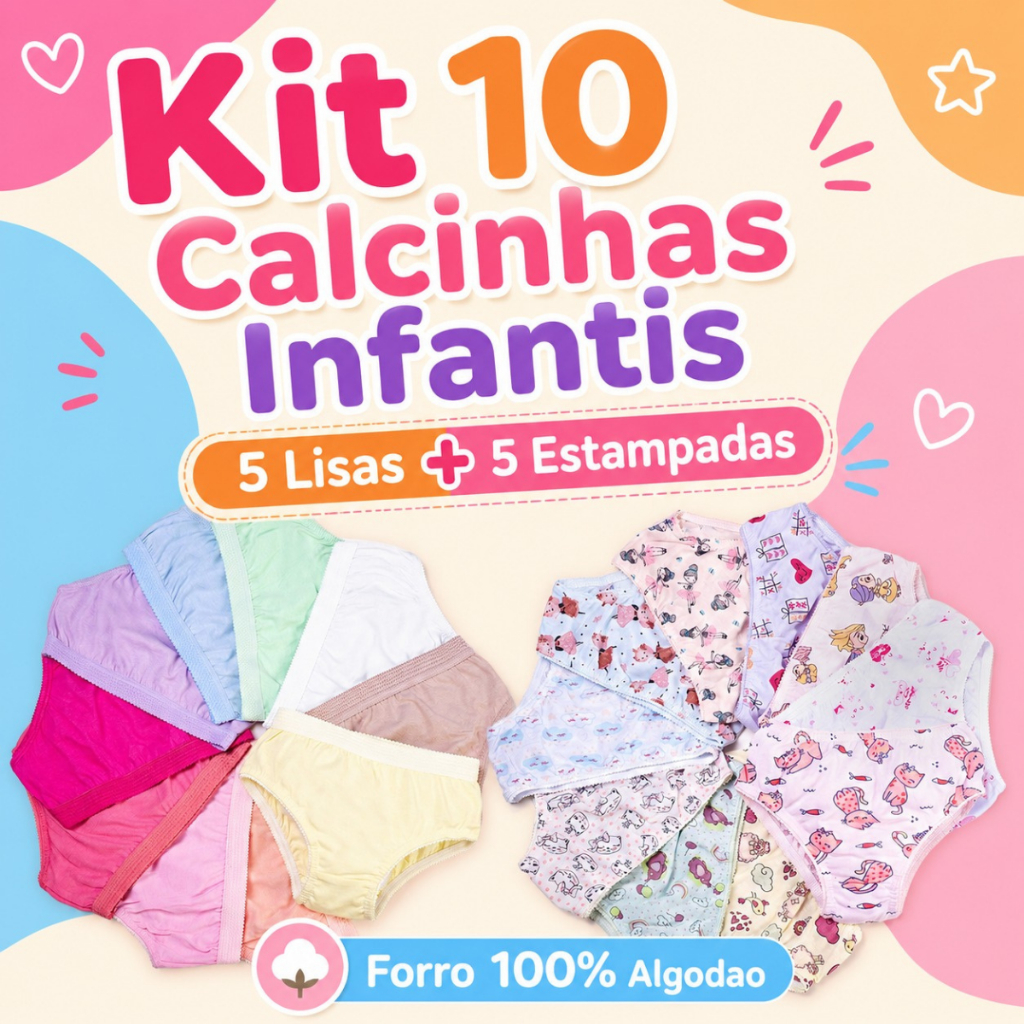 Kit 10 Calcinhas Infantis Menina Estampadas Sortidas Forro 100% Algodão Malha PP 1 a 8 Anos