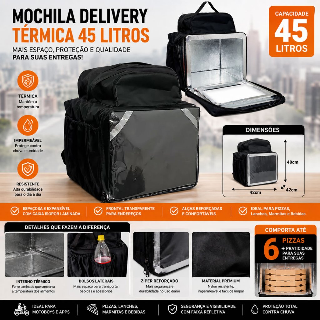Mochila Bag Delivery Pizza Motoboy Térmica Impermeável + Caixa Isopor Laminada Entrega App Food
