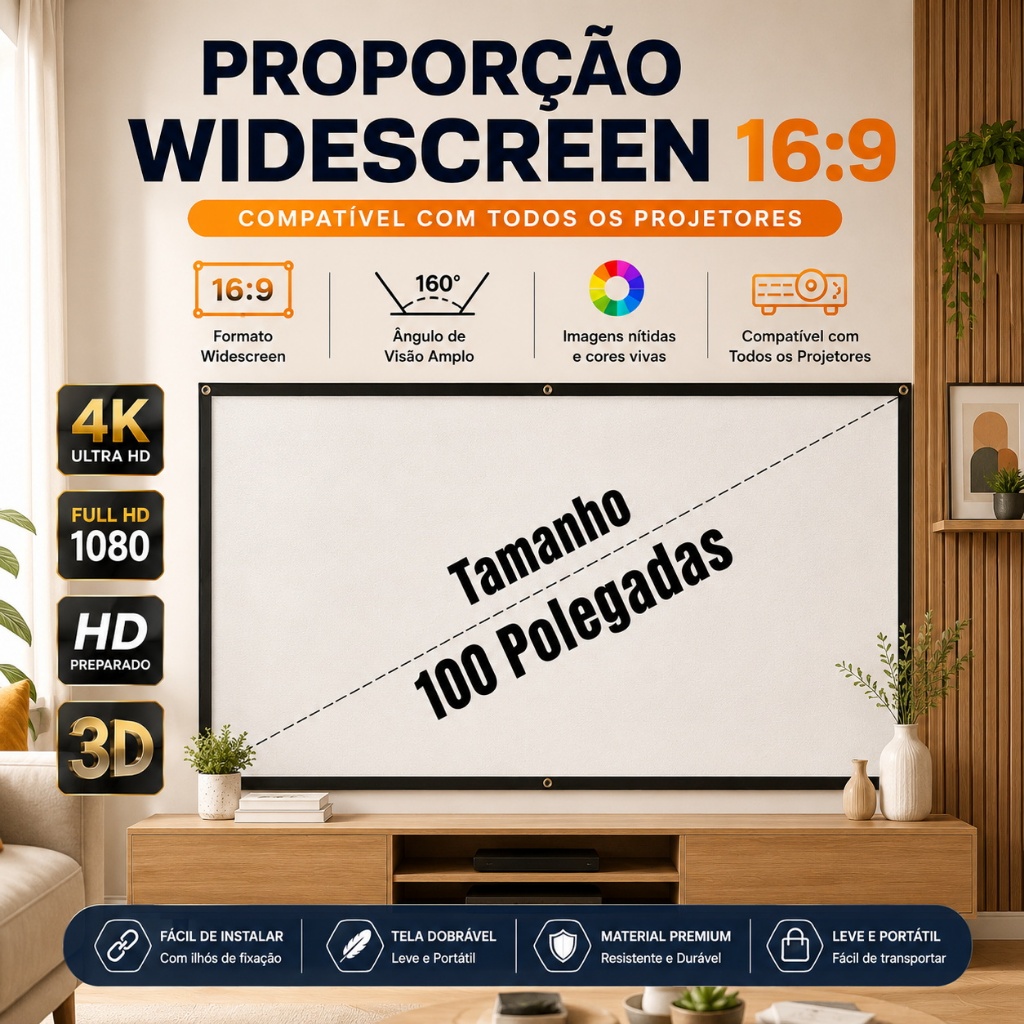 Tela Projetor Portátil Refletiva 100 Polegadas 4K Full HD 16:9 Dobrável Antirreflexo Eye-Protection