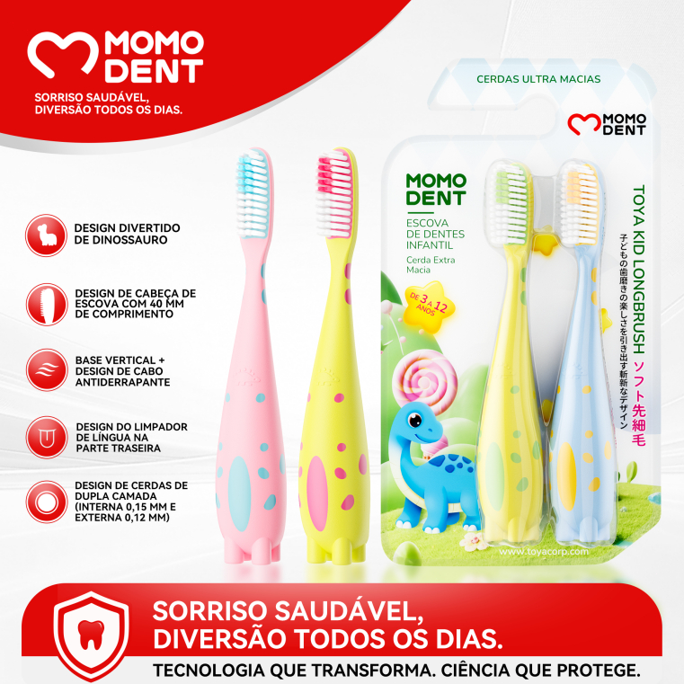 Momodent Escova de Dentes Infantil, Cerdas Macias, Cabeça Longa+Raspador Língua, 3-12 Anos