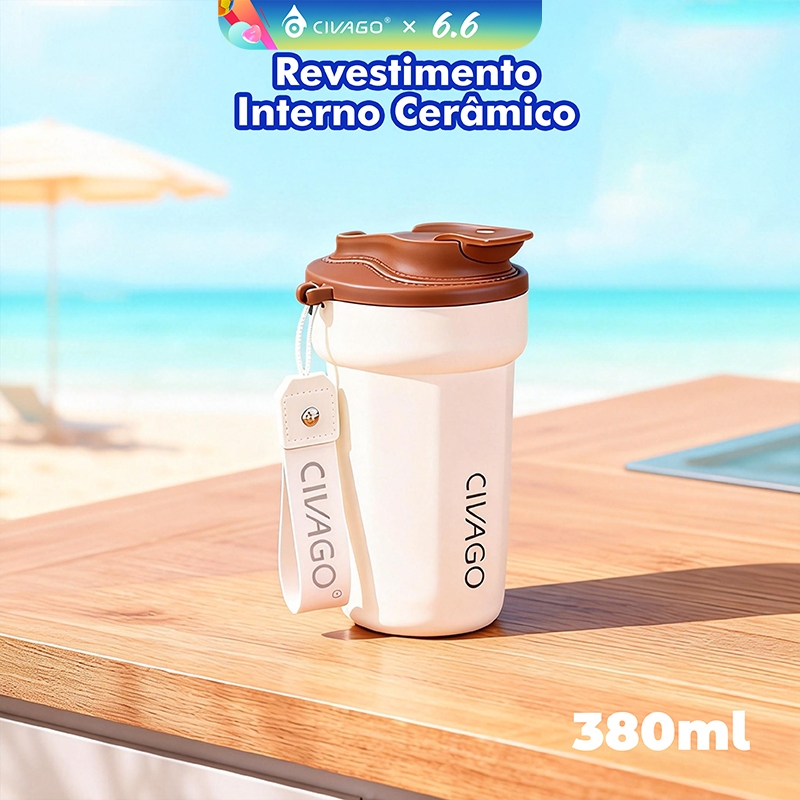 CIVAGO Copo Térmico 380ml inox Portátil com Revestimento Interior Cerâmica Quente/Frio Antivazamento