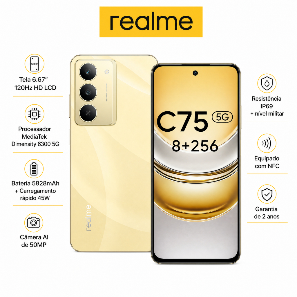 realme C75 5G 8+256GB Smartphone Celular Versão Global Bateria 5828mAh Câmera 50MP NFC Tela 6,67 Dourado