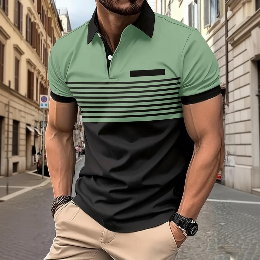 Detalhes do Camisa Polo Masculina Casual Botão De Manga Curta Listrada Com Blocos De Cores