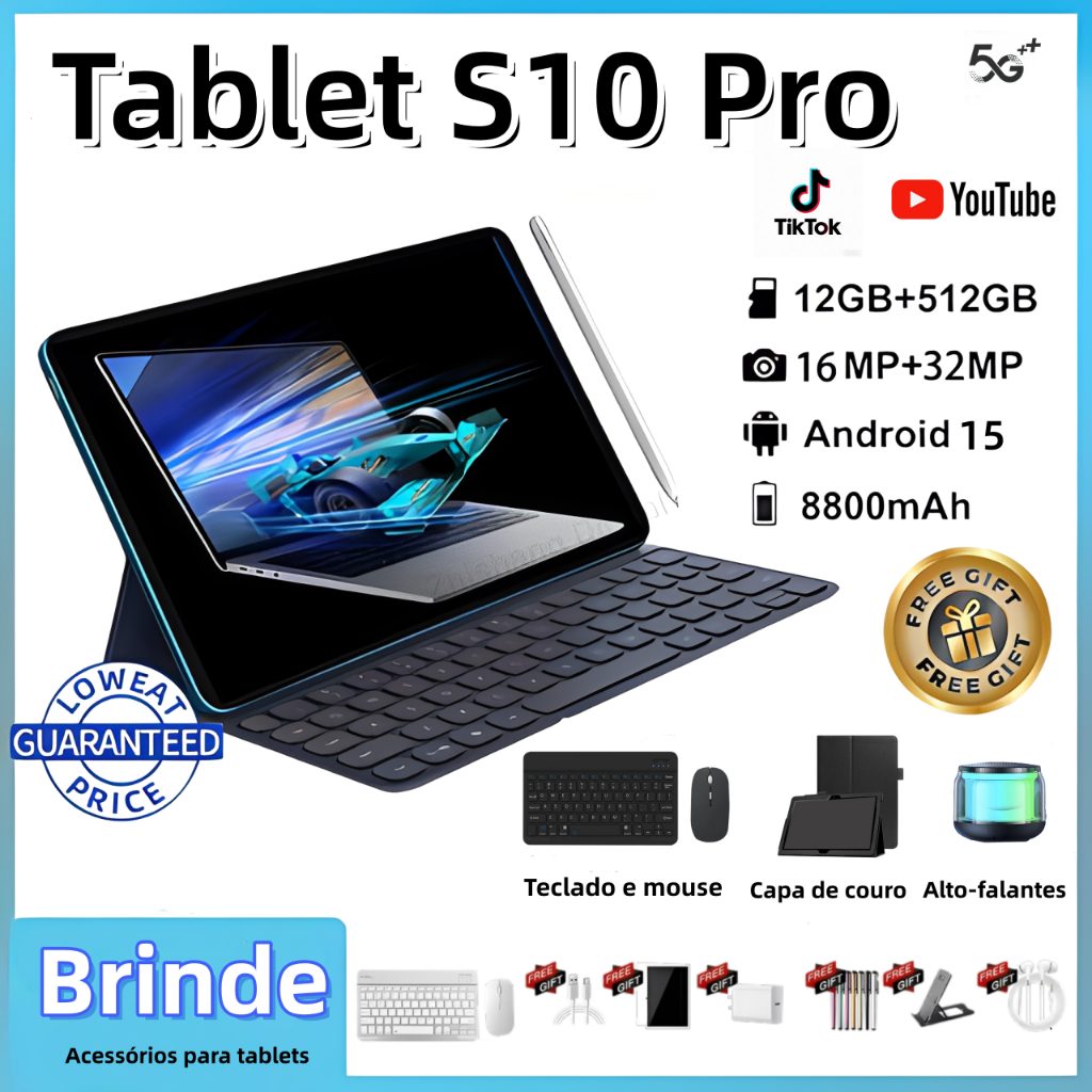 【Teclado e mouse gratuitos】Tablet S10 Pro de 11,6 polegadas 12 GB + 512 GB 8800 mAh Tablet Android 5G wifi