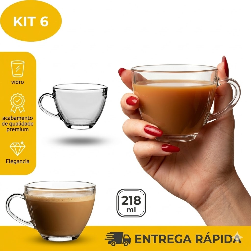 Kit Jogo de 6 Xícaras em Vidro Formato Pêra 218ml  Kit com para Chá e Café Elegante