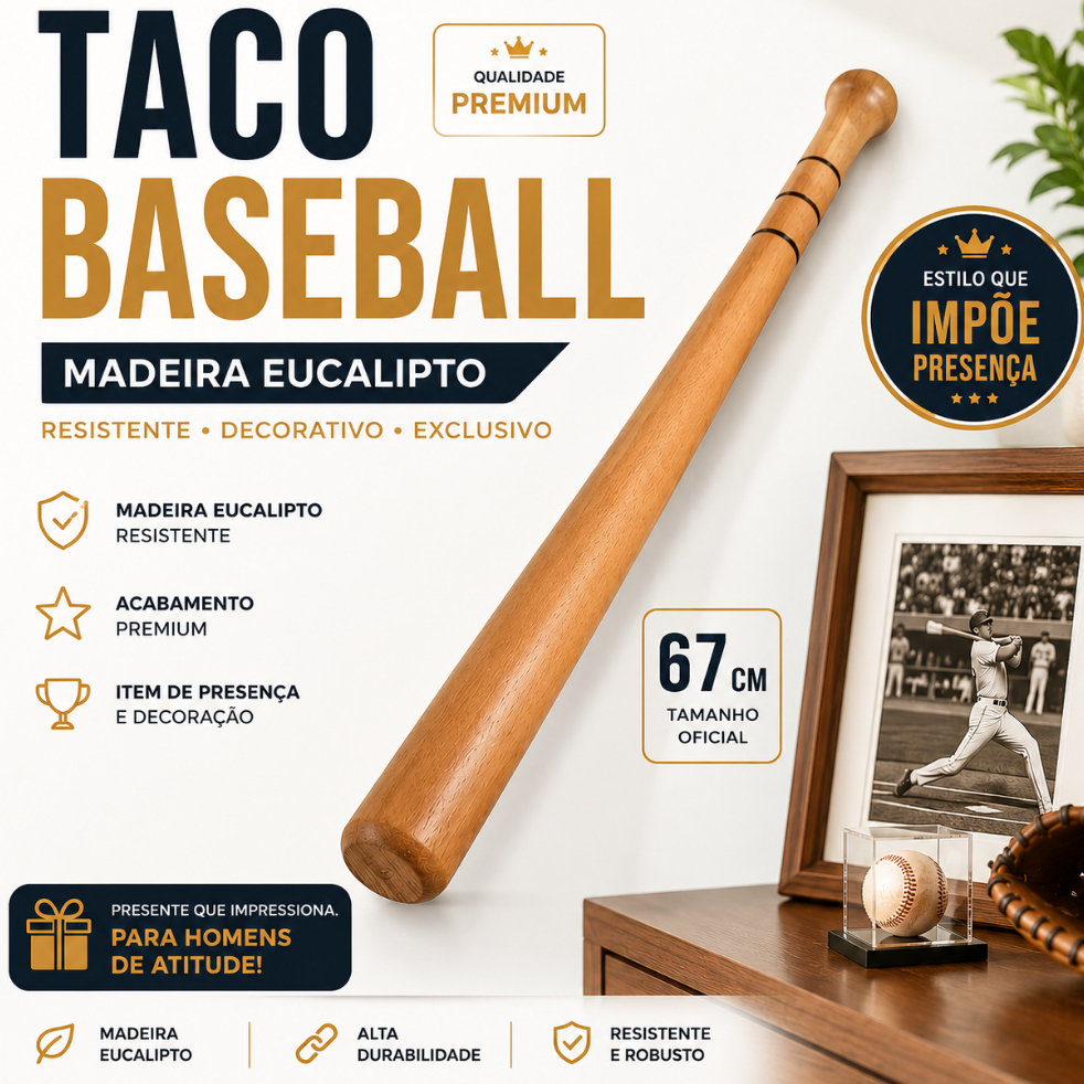 Taco de Baseball Madeira Maciça de Eucalipto Decorativo Premium