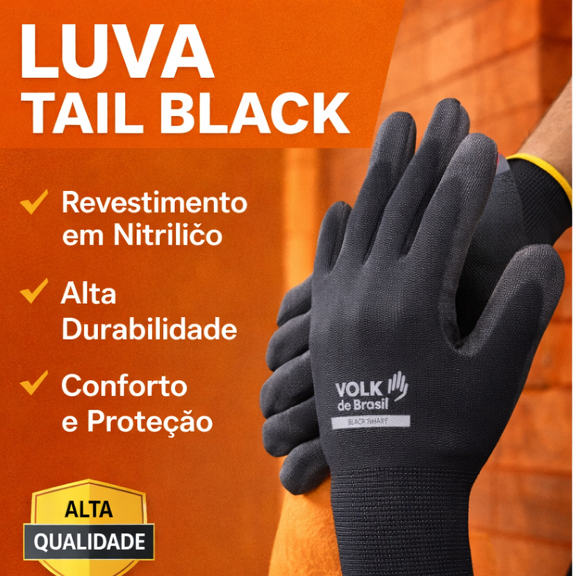 Luva Multitato Tátil PU Banhada Black Smart Volk (mecânico, Pedreiro, Eletricista, Logistica, Servicos Gerais)