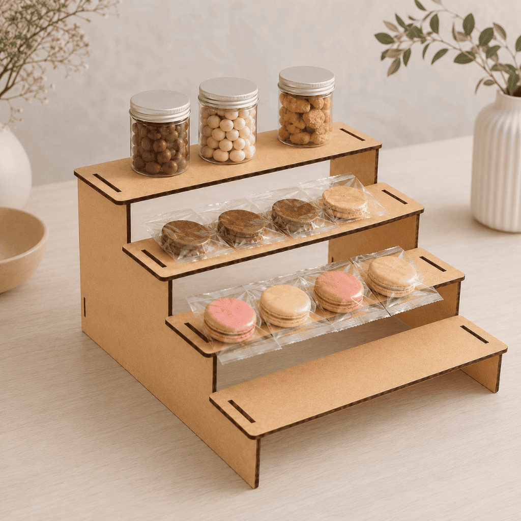 Expositor MDF 3 Níveis Organizador de Mesa Porta Doces Lembrancinhas Display Decorativo Compacto Multiuso