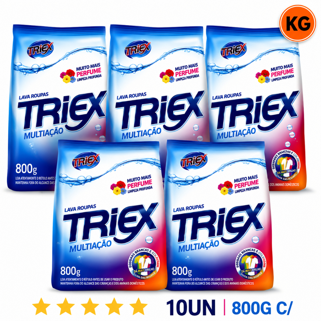 Sabão em Pó TRIEX Multiação – Kit com 10 Pacotes de 800g (Alto Rendimento e Limpeza Profunda)