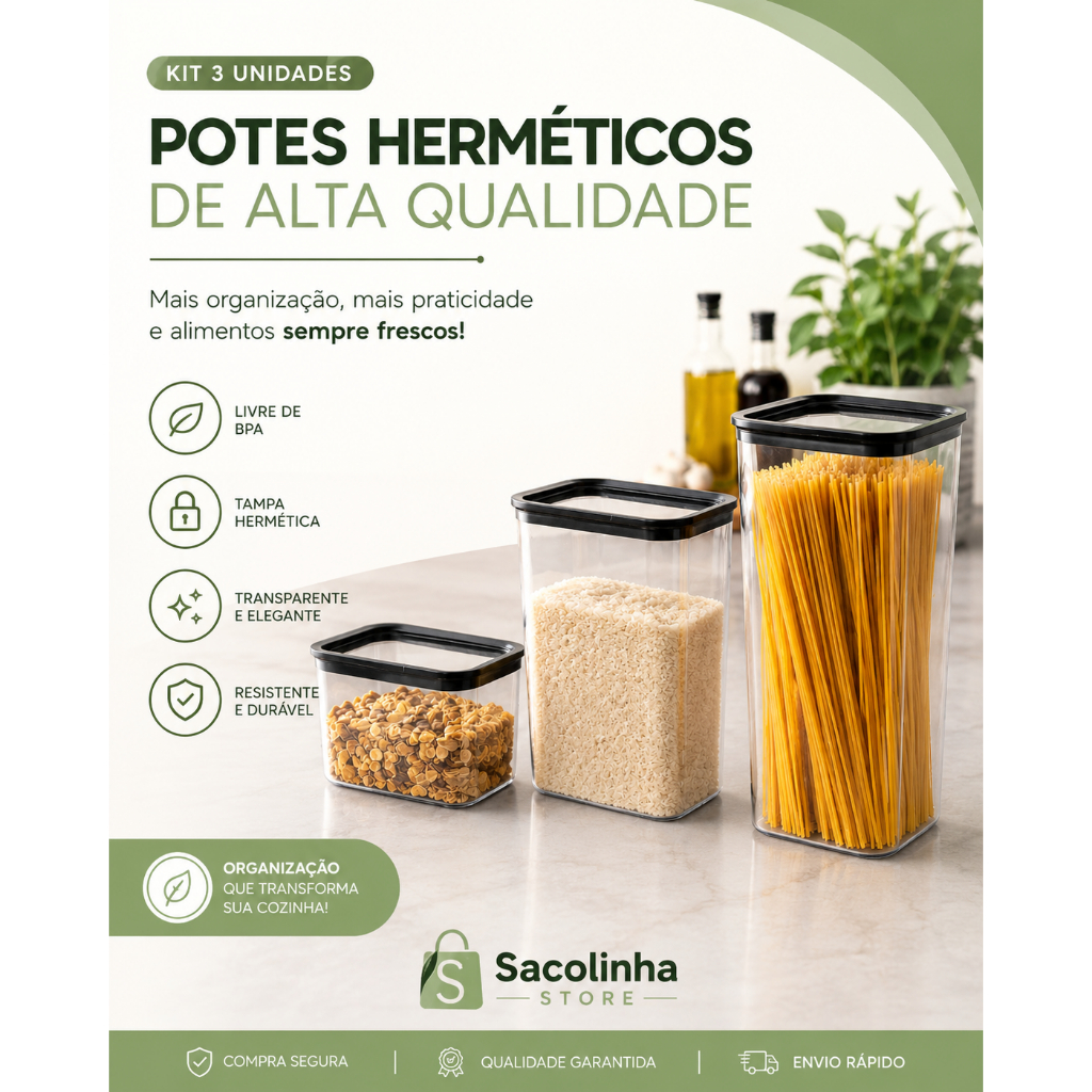 Kit Potes Herméticos Organizador de Mantimentos BPA Free Tampa Vedação 100% 3 Peças
