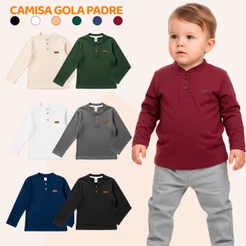 Kit 2 Camiseta Manga Longa Sortidas Social Infantil Menino Gola Padre Henley Casual Camisa Bebê Masculino Premium