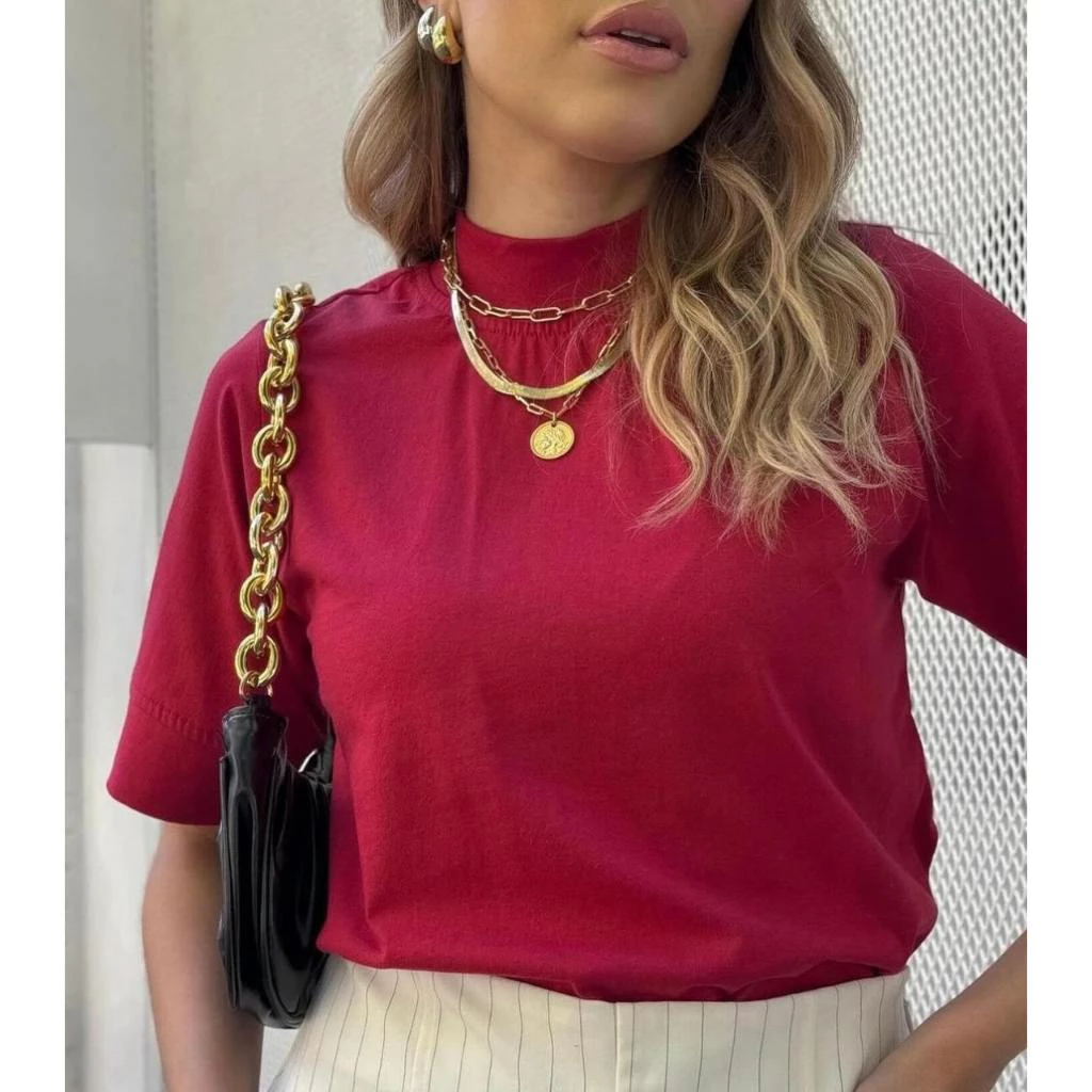Blusa Feminina T-shirt Gola Alta Algodão Básico Manga Curta Sofisticado Soltinha Trabalho Dia a Dia — imagem 1