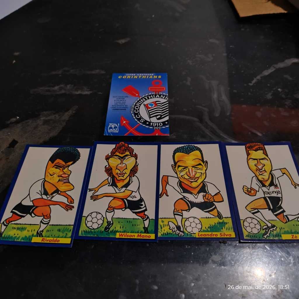 Coleção Futebol Cards multi Editora. Corinthians; Caricatura: Rivaldo, Wilson Mano, Leandro Silva e Zé Elias ano 1994.