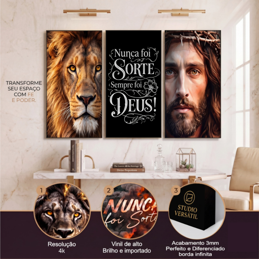 Quadros Decorativos 3 Peças Jesus Cristo E Leão Sempre Foi Deus Fé Cristão Moderno Religioso