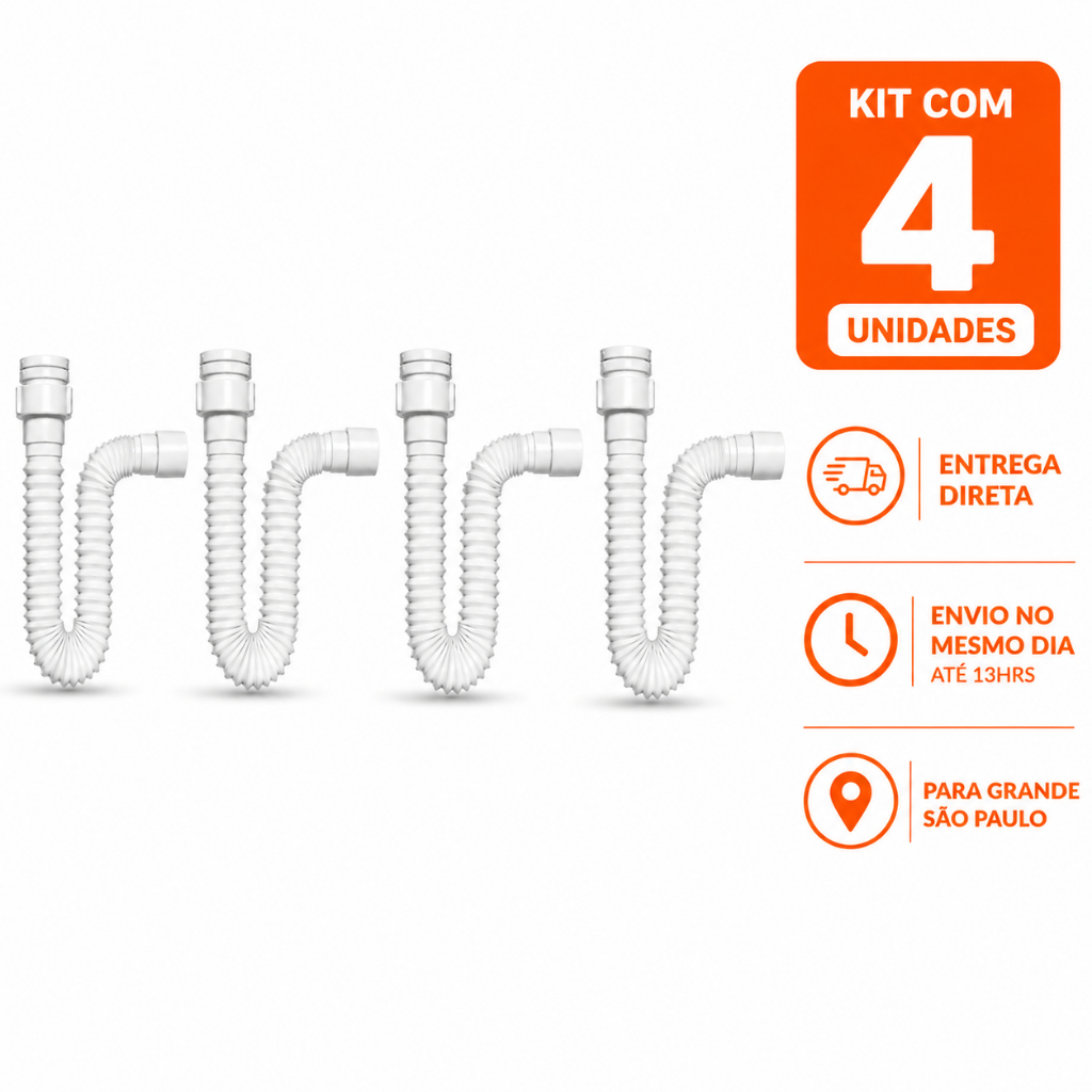 Sifão Flexível Universal Branco ABS Ajustável | Para Pia, Tanque e Lavatório | ENTREGA DIRETA | Kit 4 Unidades