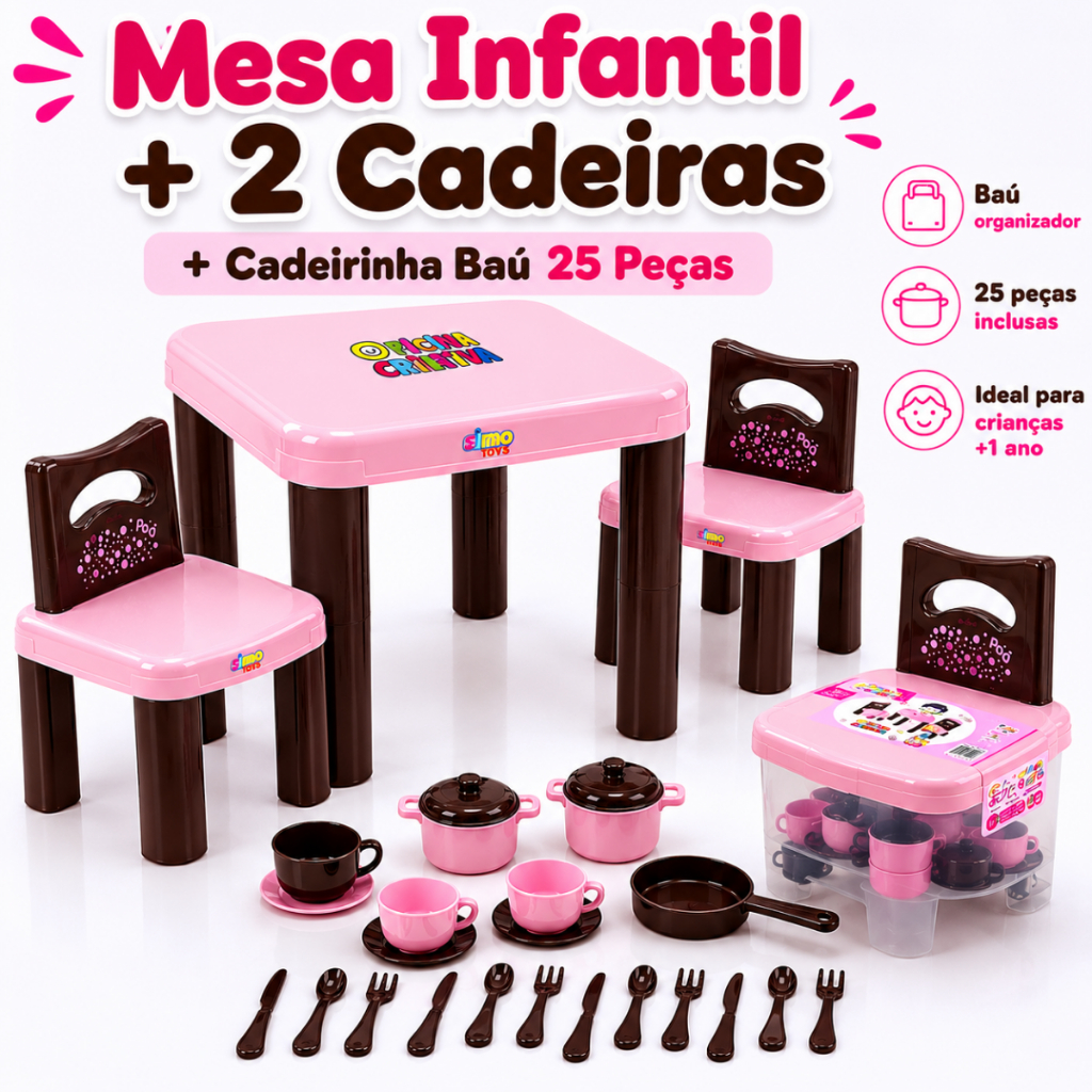 Kit Mesa Infantil com 2 Cadeiras + Cadeirinha Baú Com 25 Peças Didática