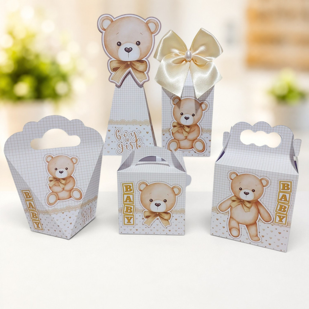Kit Caixinhas Personalizadas CHÁ URSINHO REVELAÇÃO BEGE para Lembrancinha de Festa Infantil
