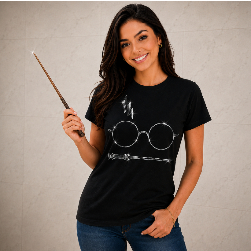 Blusa T-shirt Feminina Viscolaycra preta Chique - Harry Potter óculos e varinha em Strass brilhante.