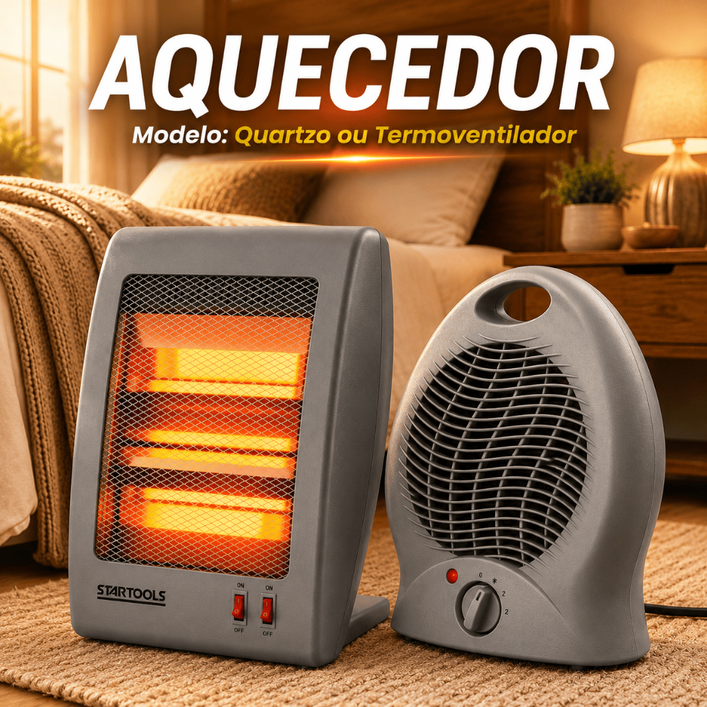 Aquecedor Elétrico Portátil Quartzo 36cm 127V ou 220V Cinza Rápido Termoventilador Compacto Ambiente Quente Inverno Frio