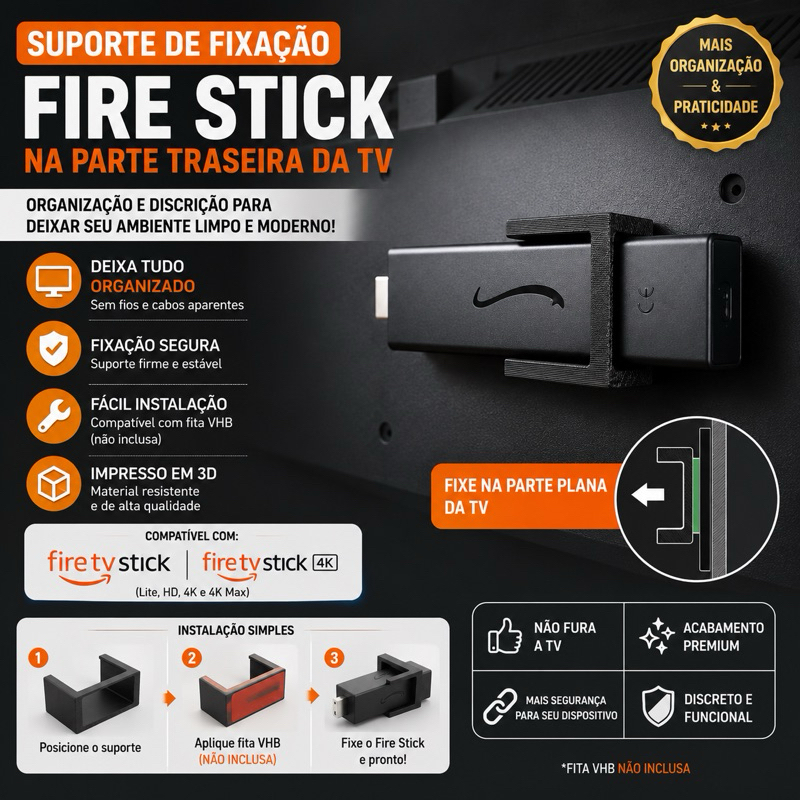 Suporte Fire TV Stick Para Parte Traseira da TV | Organizador 3D Compatível com Lite, HD, 4K e 4K Max