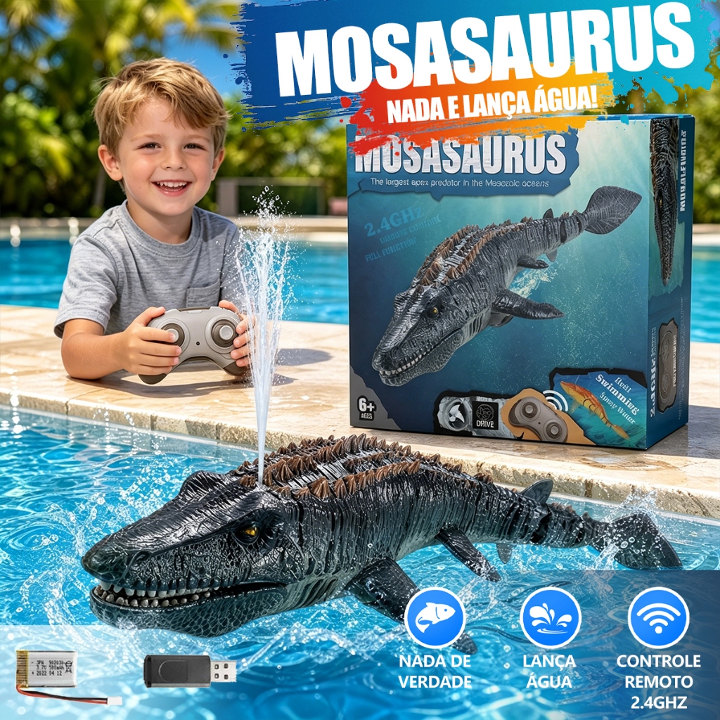 Brinquedo RC Mosassauro com Spray de Água Controle Remoto 2.4GHz Dinossauro Aquático para Crianças