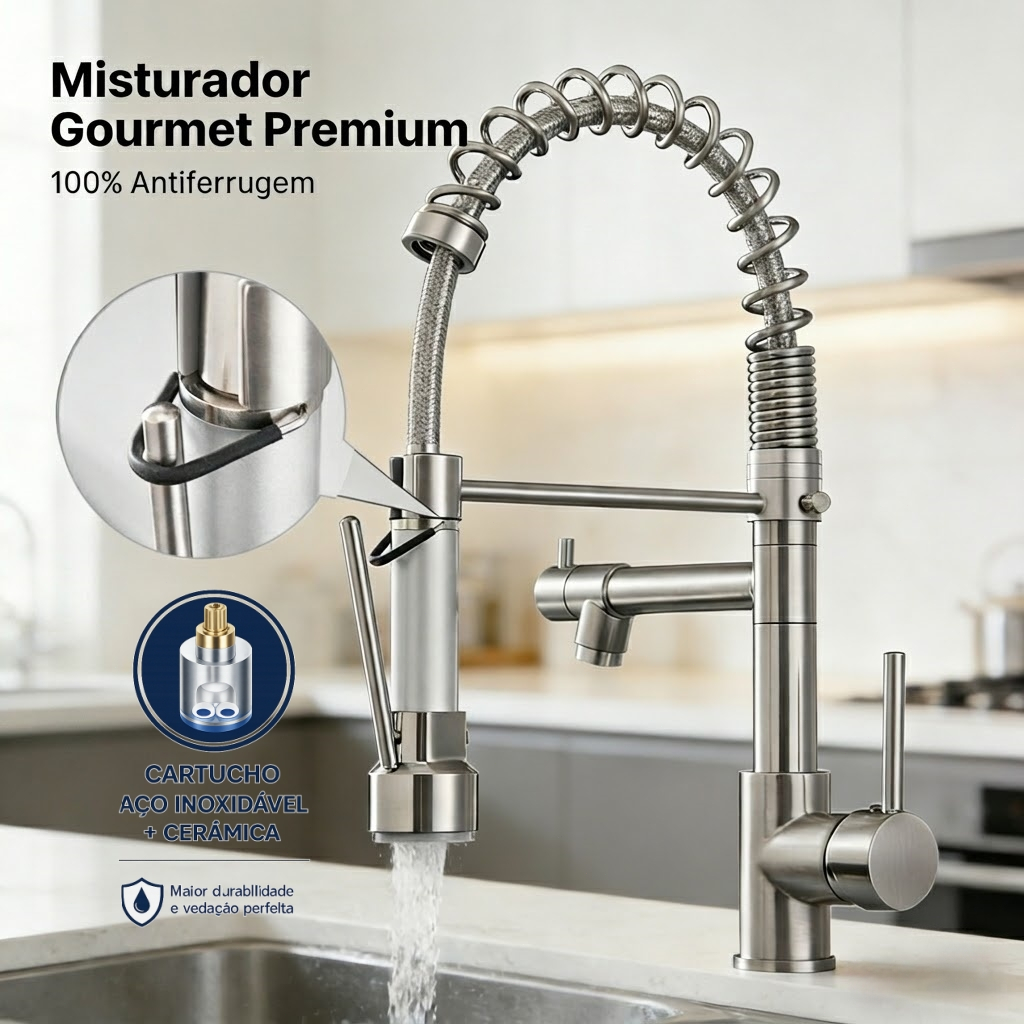 Torneira Cozinha Gourmet Inox Escovado Monocomando Com Spray Extensor Luxo Quente Fria Luxo Yesop