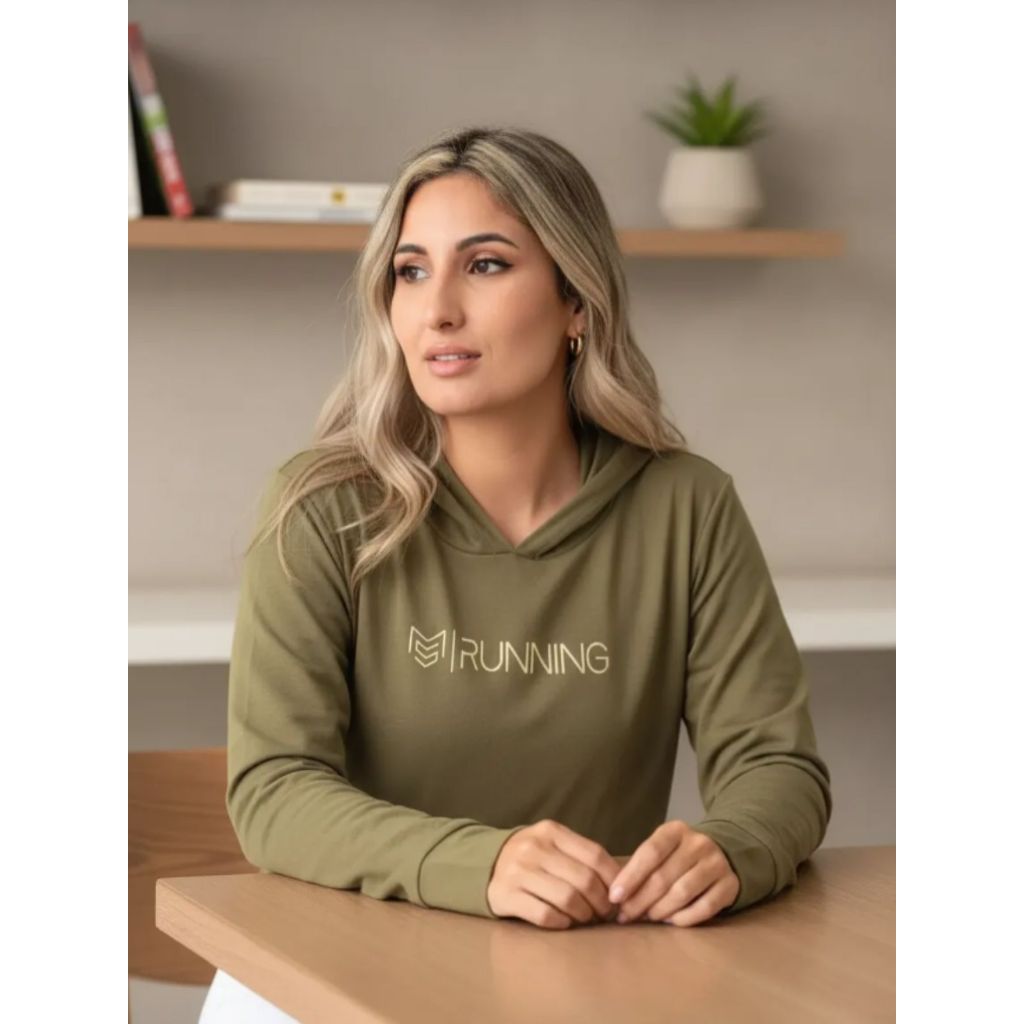 Casaco Cropped Feminino Moleton com Capuz Verde Militar