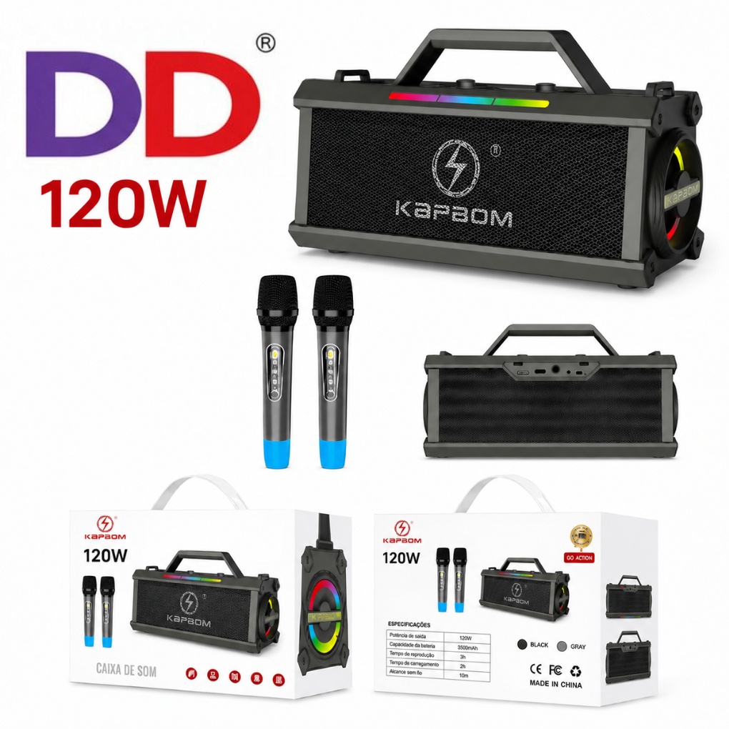 Caixa de som Potente Bluetooth Alça Portátil Grande c/ Bluetooth 2 Microfones KARAOKE Led RGB Bass Radio