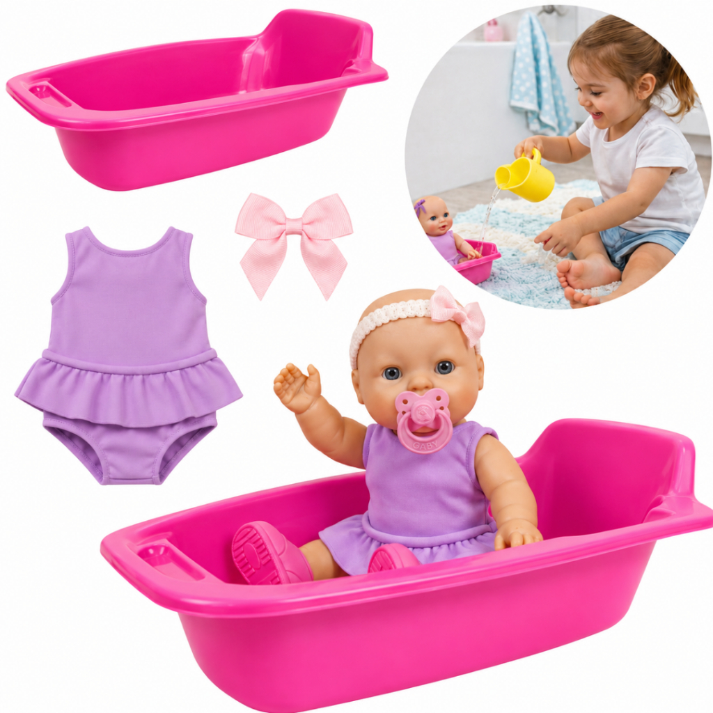 Boneca Vestido com Banheira e Acessórios Infantil Pequena Reborn