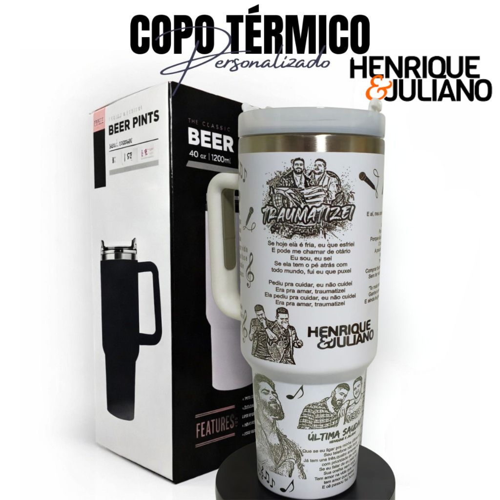 Copo Térmico Personalizado Henrique e Juliano 1200ml Sertanejo com Tampa e Canudo Presente Fã