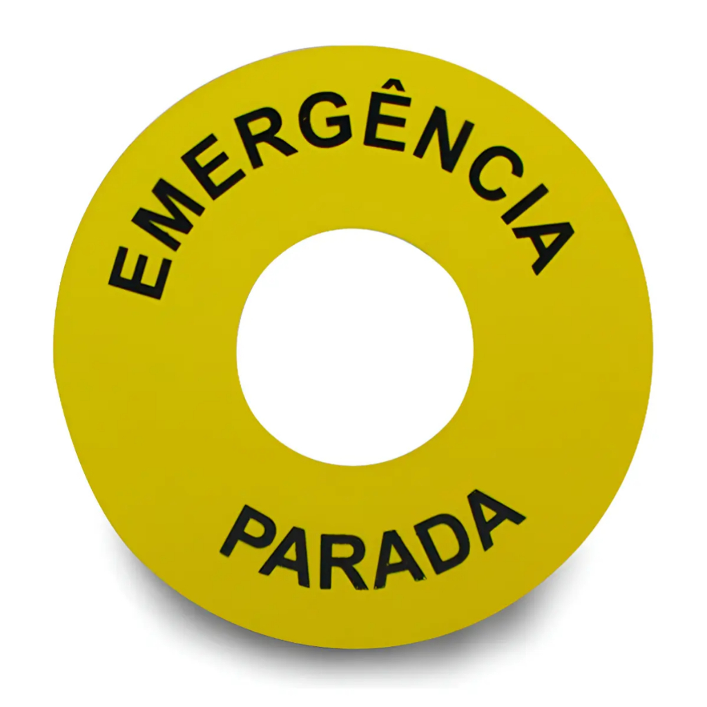 Plaqueta Identificação Parada Emergência Botão Cogumelo 22mm
