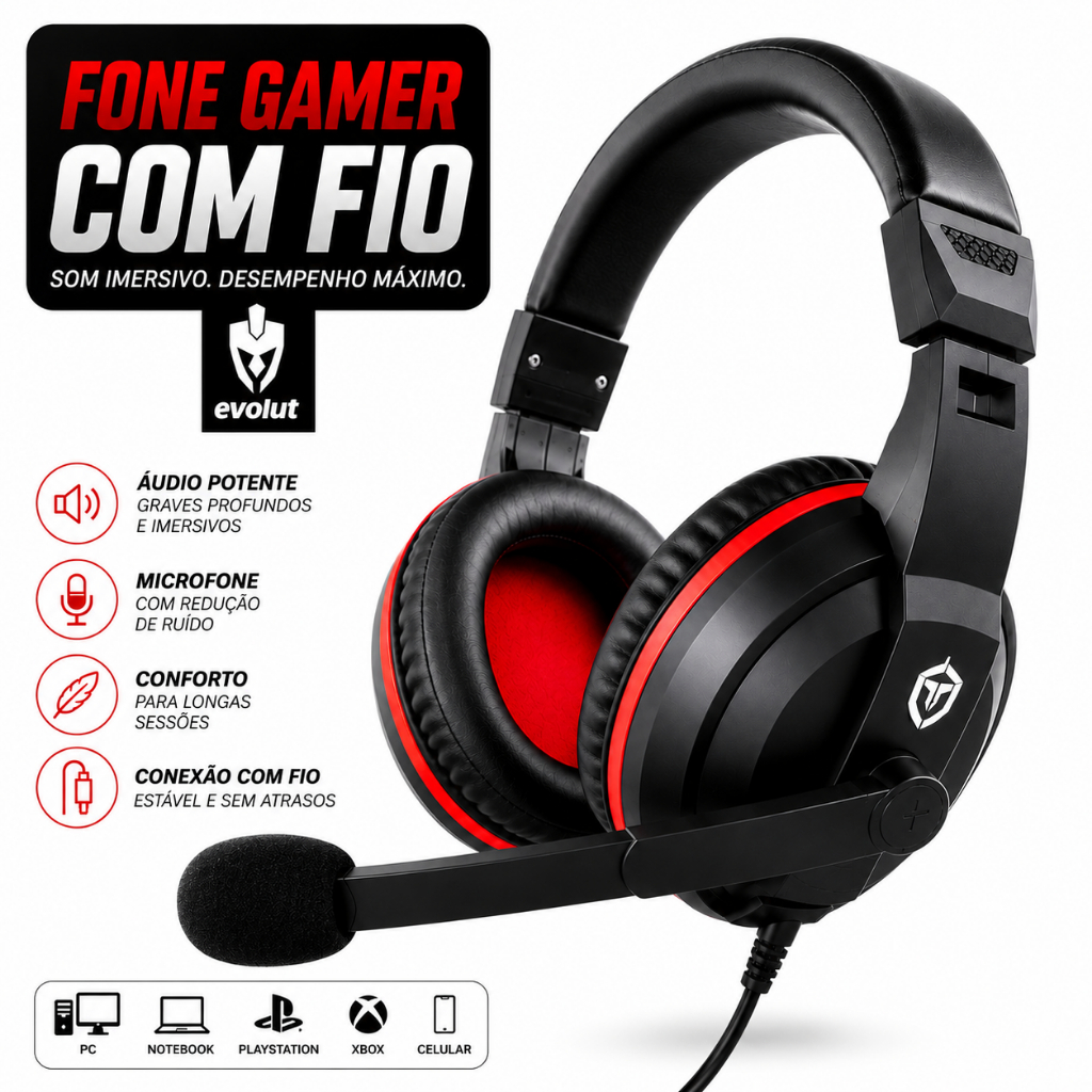 FONE GAMER COM FIO HEADSET GAMER MARCA EVOLUT COM MICROFONE COMPUTADOR HEADPHONE VIDEOGAME EG308/STARTER