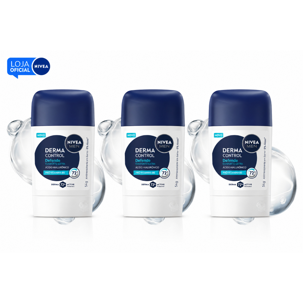 KIT NIVEA MEN Desodorante Stick Derma Control Defende 54g - 3 Unidades