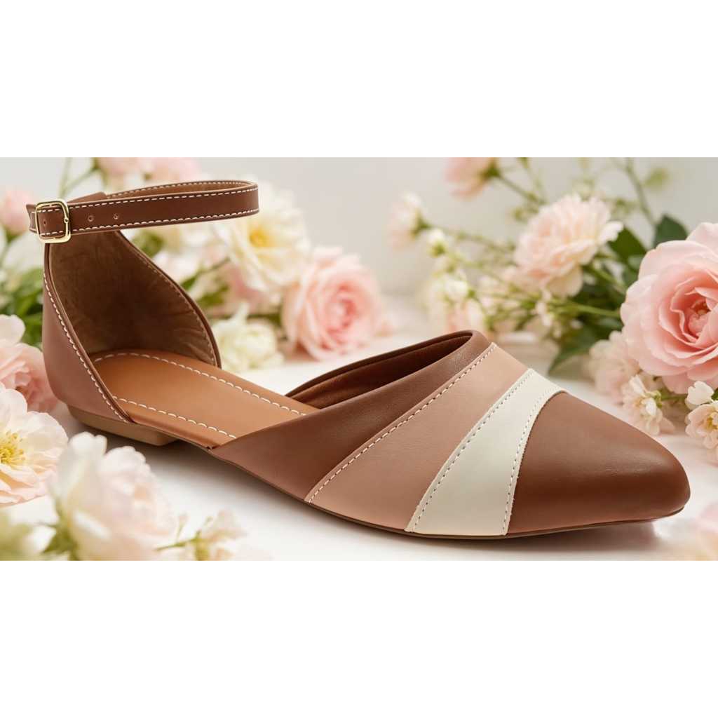 SALOMÉ SAPATILHA FEMININA BICO FINO CONFORTAVÉL E ELEGANTE CARAMELO COM DETALHE EM BRANCO E NUDE