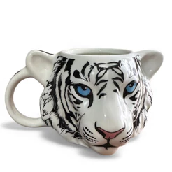 Tigre Branco Caneca Porcelana 3D Alto Relevo Temática 450ml Decoração Cozinha