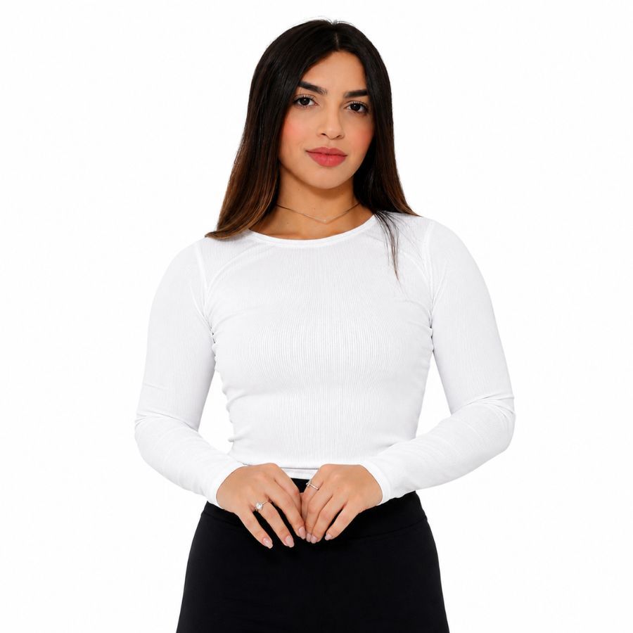 Blusa Feminina Canelada Manga Longa Gola Careca Acinturada Inverno Branca Moda Frio