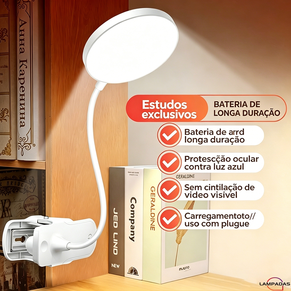 Luminária Abajur De Mesa Flexível Portátil Luz LED Proteção Olhos Para Estudo E Leitura Candeeiro Com Clipe USB Recarreg