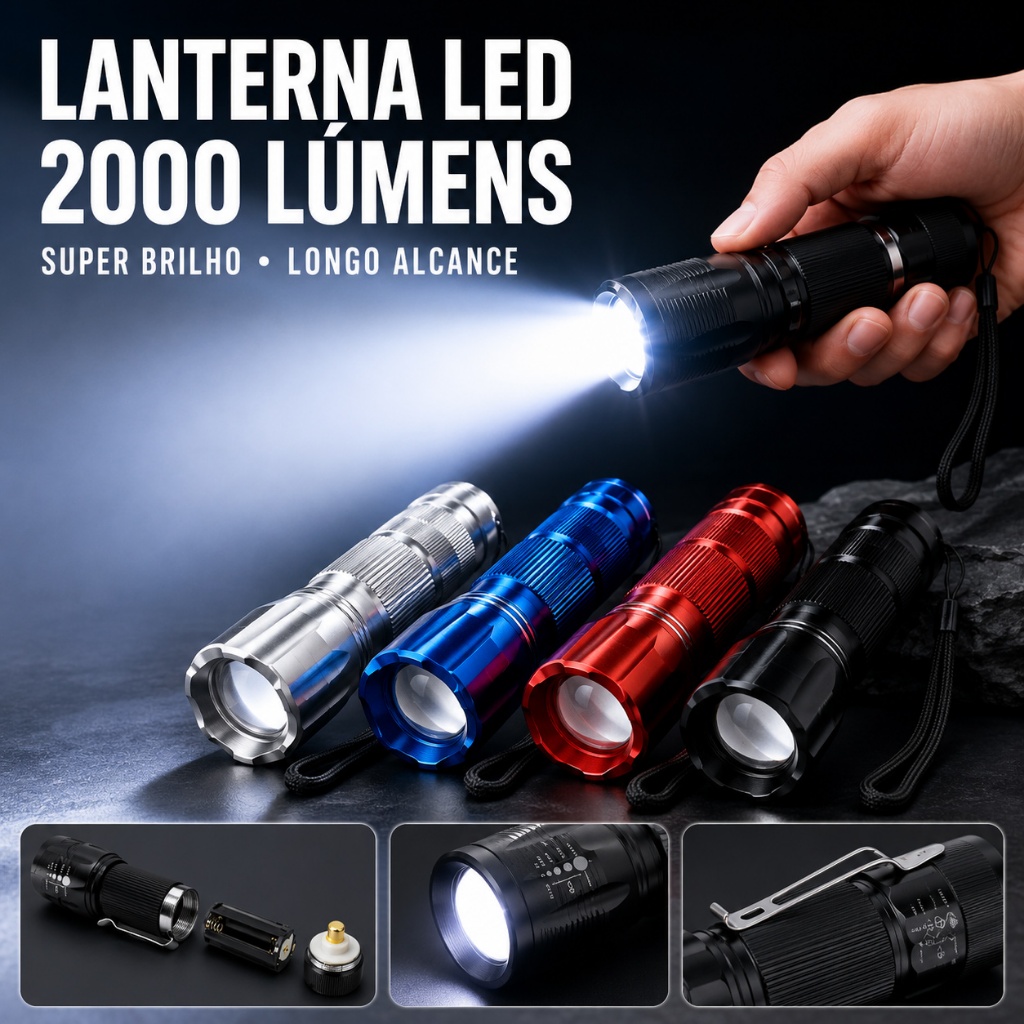 Lanterna Tática Profissional Mini LED - Alumínio, 2000 Lumens, Longo Alcance, Pilha AAA