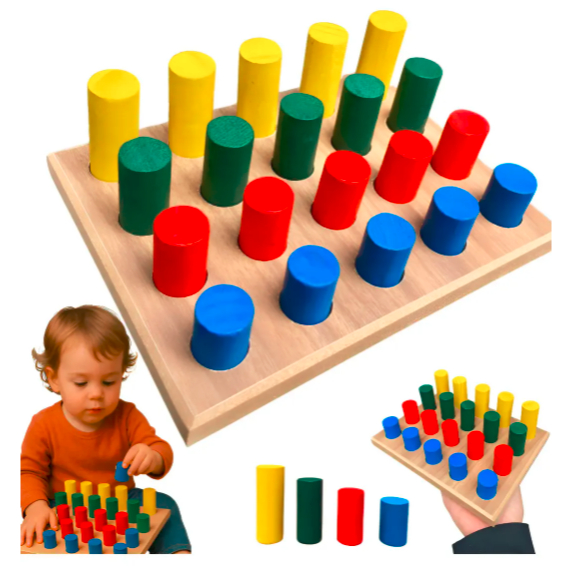 Jogo de Encaixe 20 Pinos Educativo  Pedagógico Coloridos em Madeira com Base Brinquedo Montessoriano