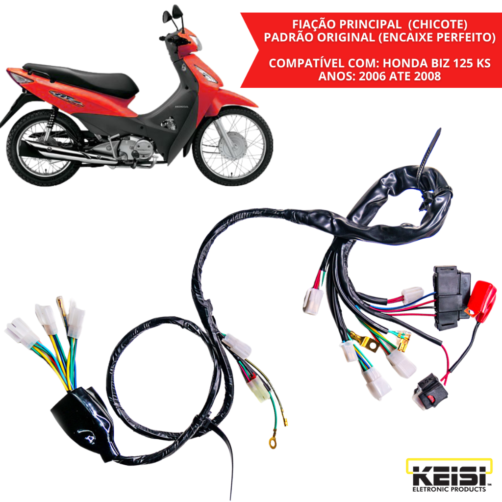 Fiação Chicote Principal Completo Honda Biz 125 KS 2006 2007 2008 Parte Elétrica Alta Qualidade Keisi