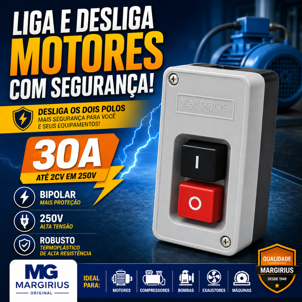 Chave Liga Desliga Motor 30A Interruptor Bipolar 250V Margirius CS-102