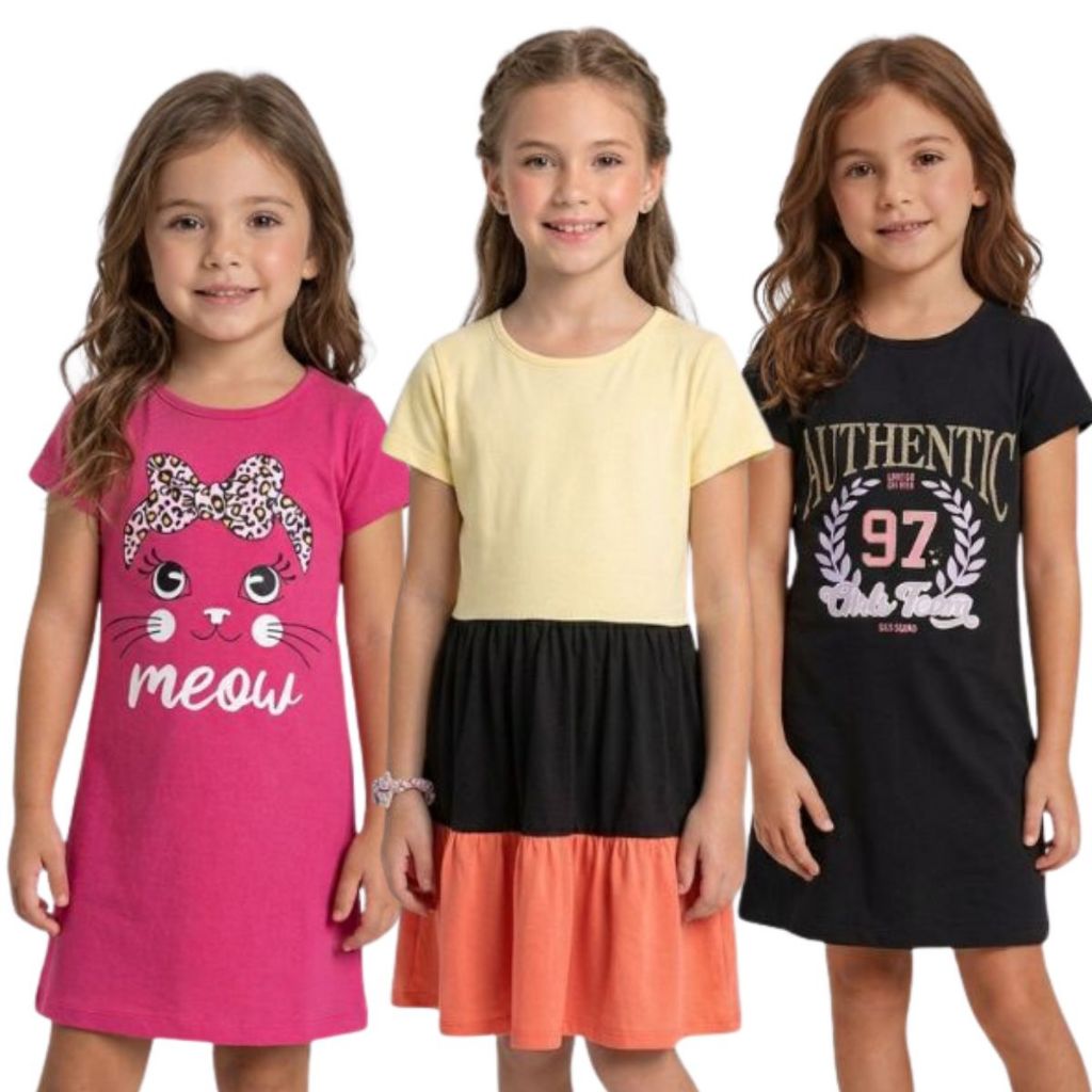 Kit 3 Vestido Infantil Menina Verão Estampados 100% Algodão - Kit Sortido Tamanho 4 ao 14
