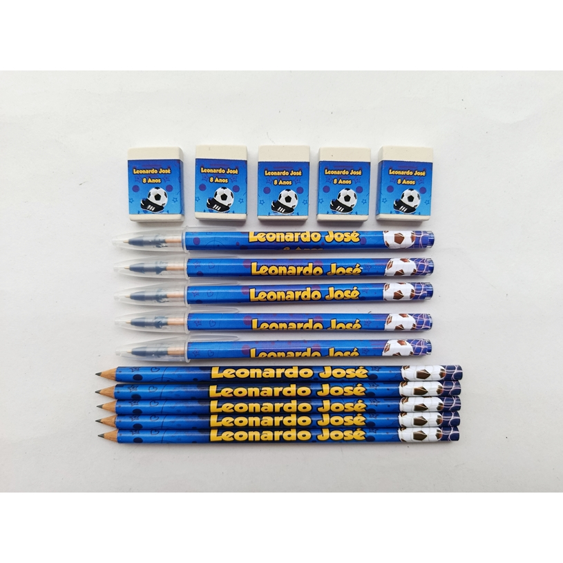 Kit Lápis, Caneta e Borracha FUTEBOL Personalizado - Lembrancinha FUTEBOL/COPA - Kit Escolar FUTEBOL/BRASIL